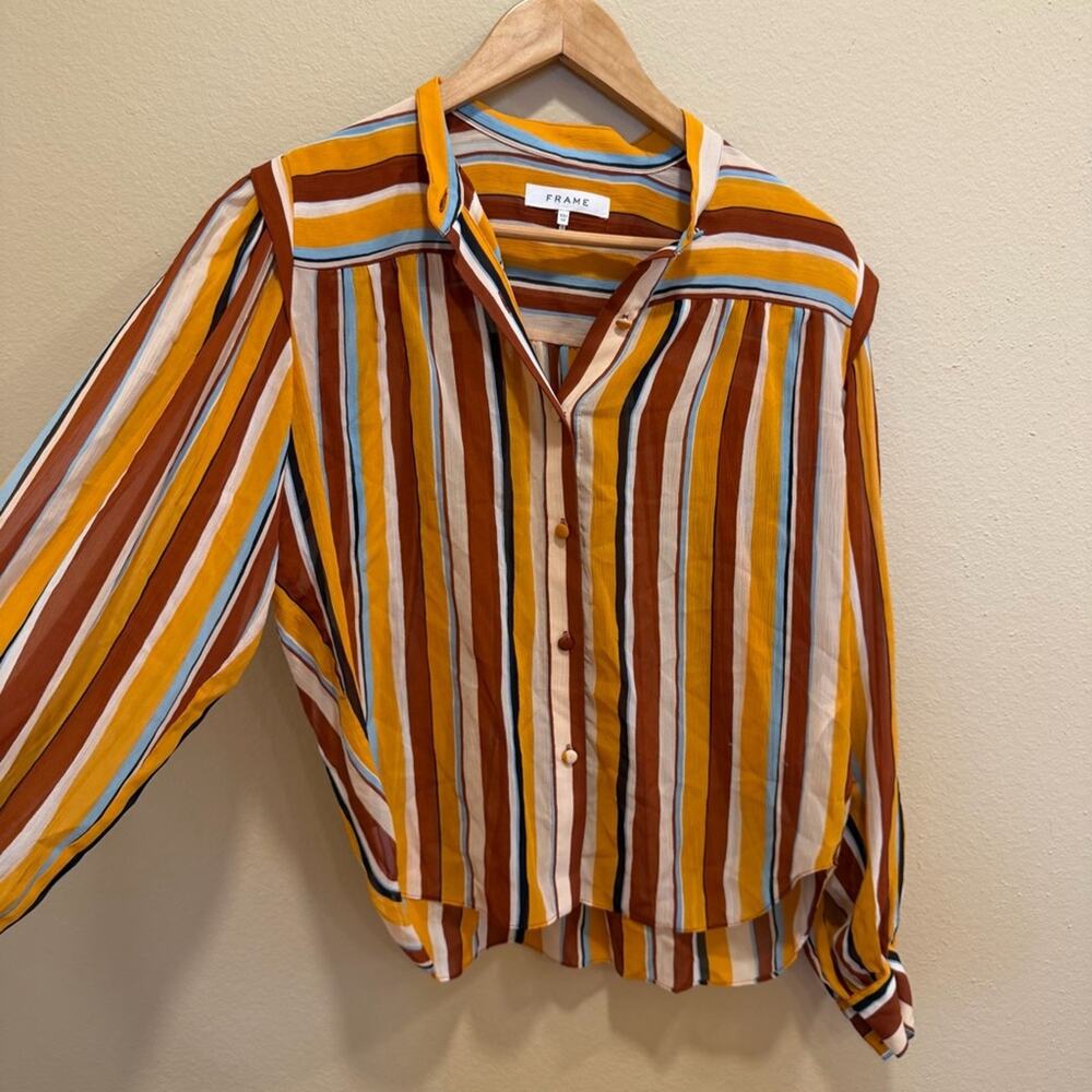 Frame Silk Yellow Tan Striped Overized Retro Button Front Long Sleeve Blouse XS - Picture 11 of 13